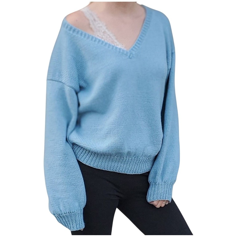 Handmade Knit Sky Blue Oversized Sweater‎ | Cozy V-Neck Pullover - Picture 4 of 8